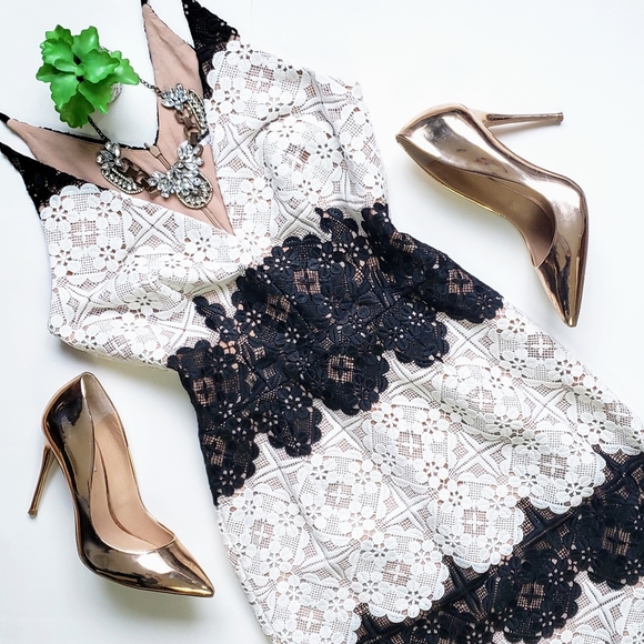 Dress the Population Vera Lace Midi Cocktail Dress Black and White Illusion M - Picture 2 of 13